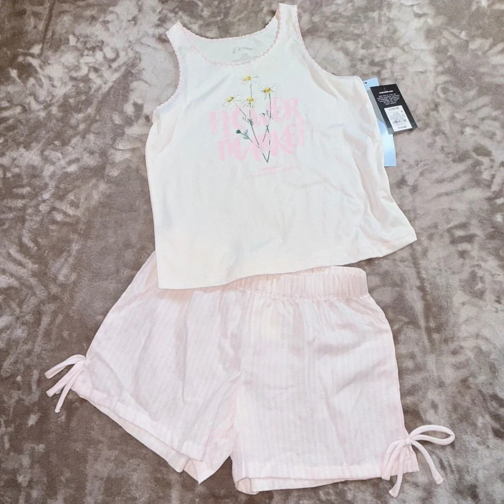 Art Class Pajama Set Kids L 10/12 White Pink NEW Flower Market Daisy Shorts